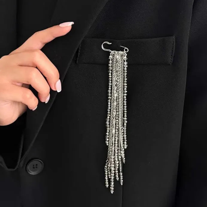 Geometric Black Crystal Long Tassel Zinc Alloy Brooch for Women