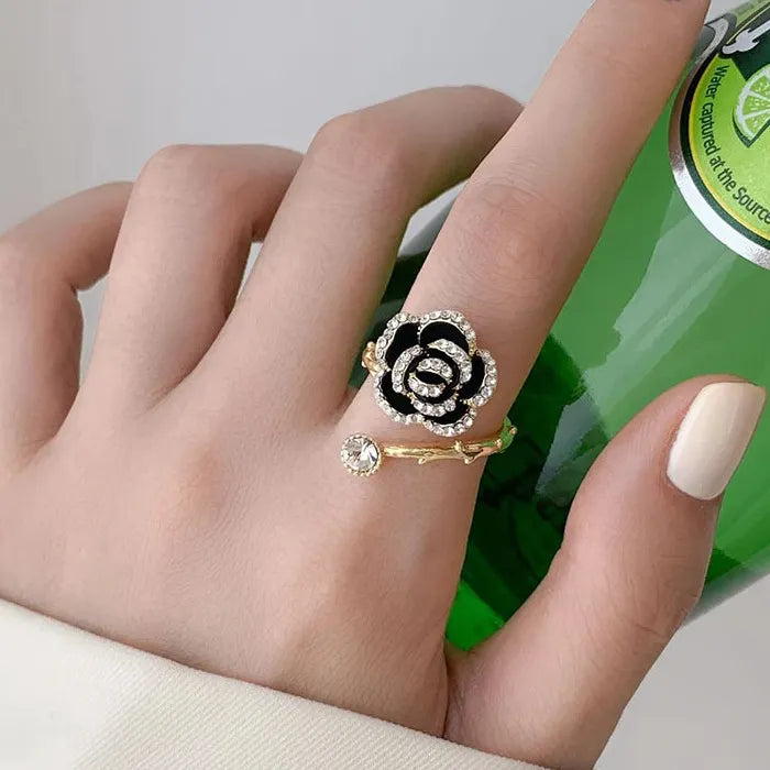 Black Rose Flower Metal Opening Ring for Women Girls with Zircon Jewelry