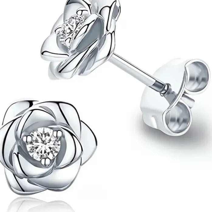 Rose Flower Stud Earrings for Women Cubic Zirconia 4 Metal Colors