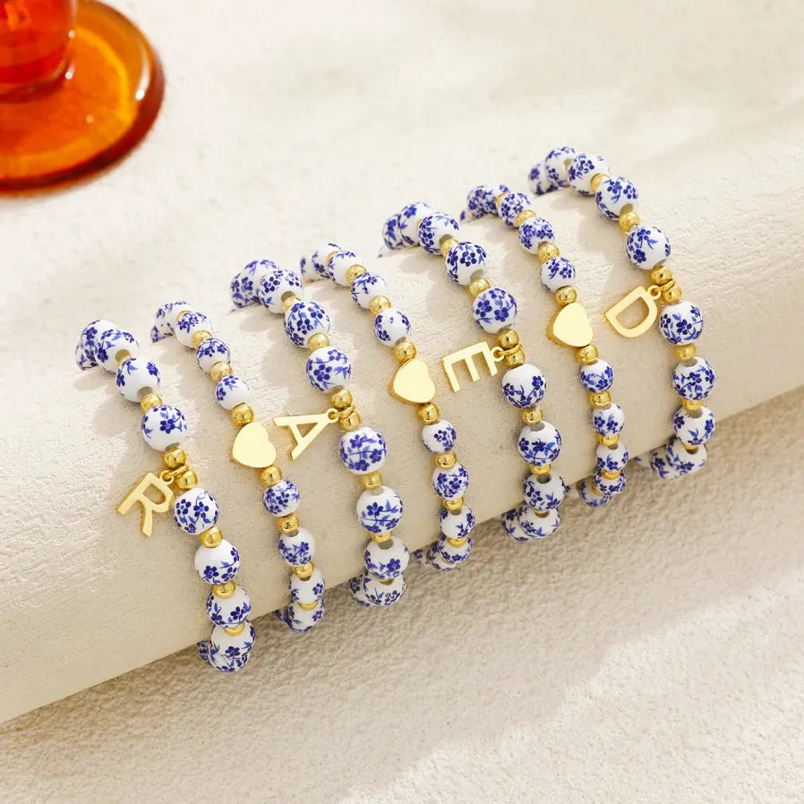 2 Pcs Handmade Blue White Porcelain Letter B Elastic Beaded Bracelet Jewelry Gift