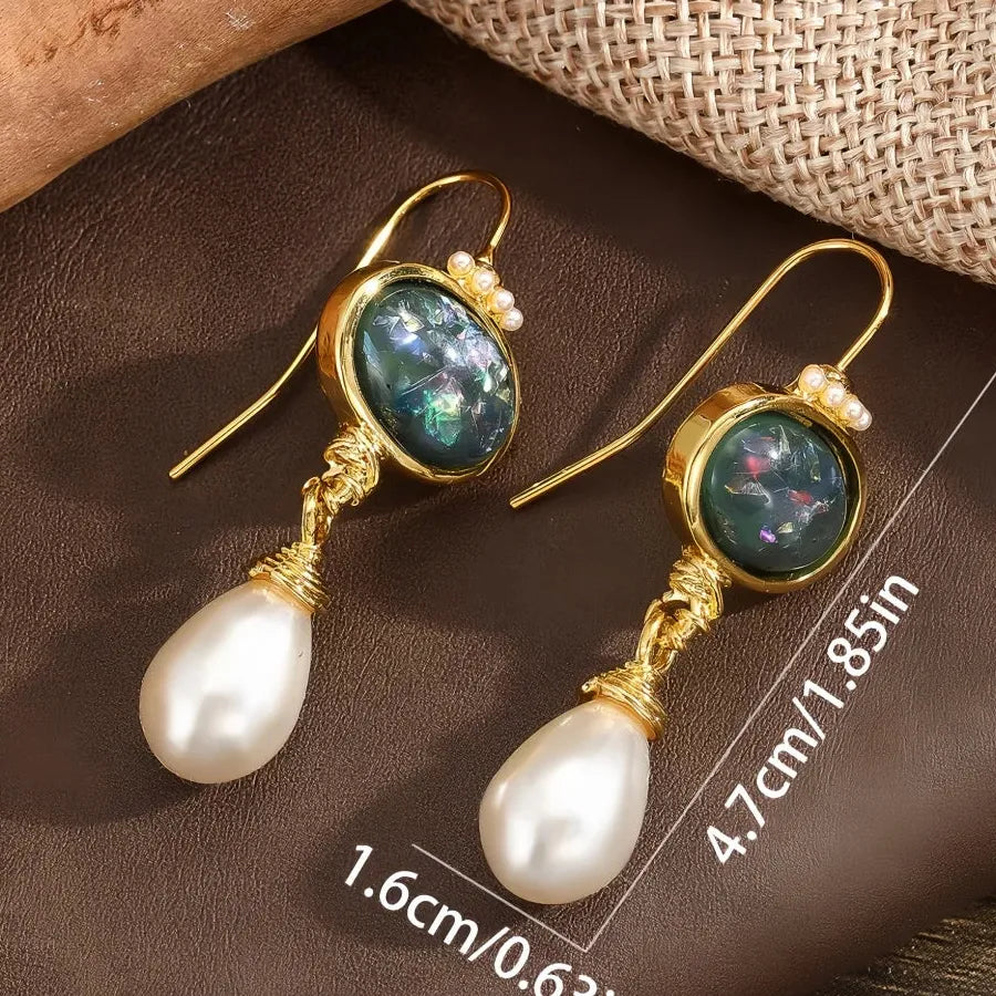 Gold Color Black Stone Round Geometry Drop Earrings for Women Pearl Dangle Jewelry