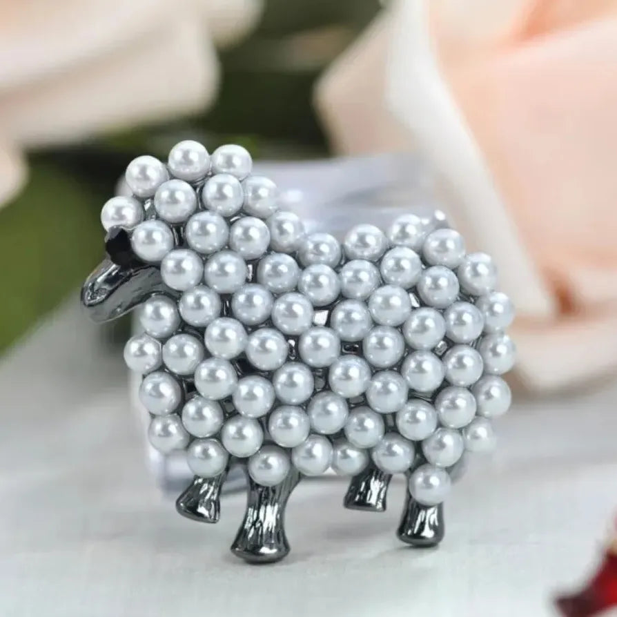White Faux Pearl Sheep Lamb Goat Brooch Pin Elegant Gift for Women