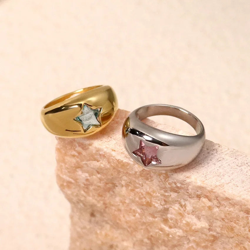 18K Gold Plated Stainless Steel Star Ring for Women Pink Zircon Dome Band