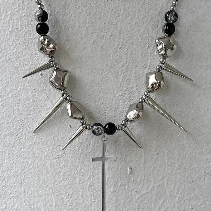 Stainless Steel Retro Y2K Long Spike Rivet Cross Necklace Hip Hop Jewelry
