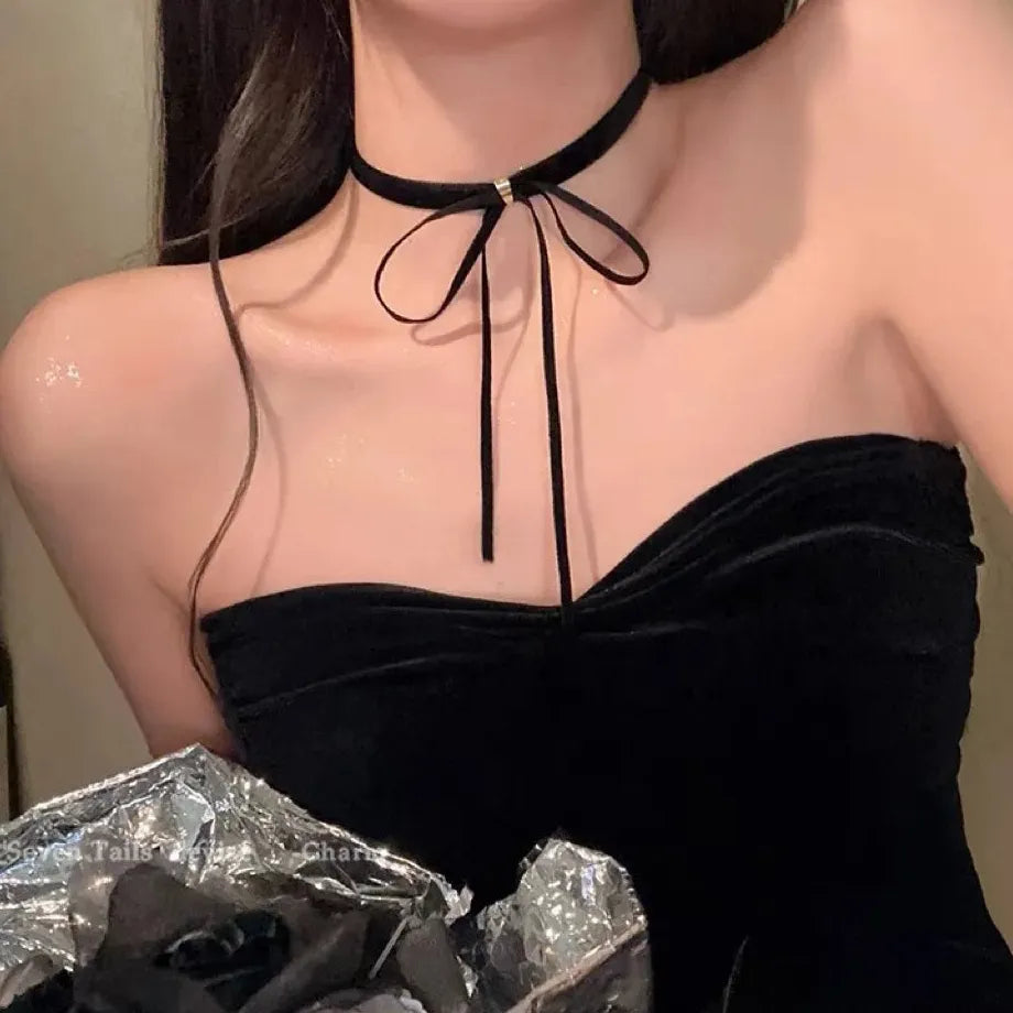 Adjustable Velvet Bowknot Pendant Choker Necklace Elegant Collarbone Chain Jewelry
