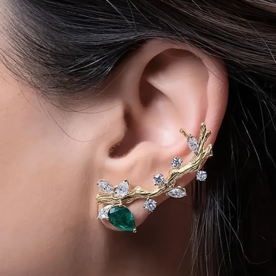 2022 Green White CZ Cubic Zirconia Branch Clip Earrings Copper Alloy
