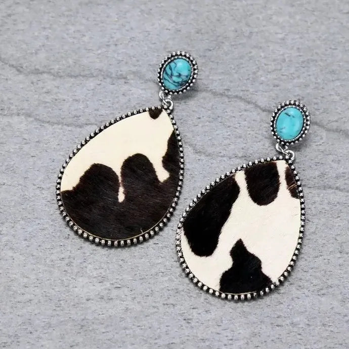 Vintage Oval Resin Cow Pattern Pendant Earrings Turquoise Women's Jewelry