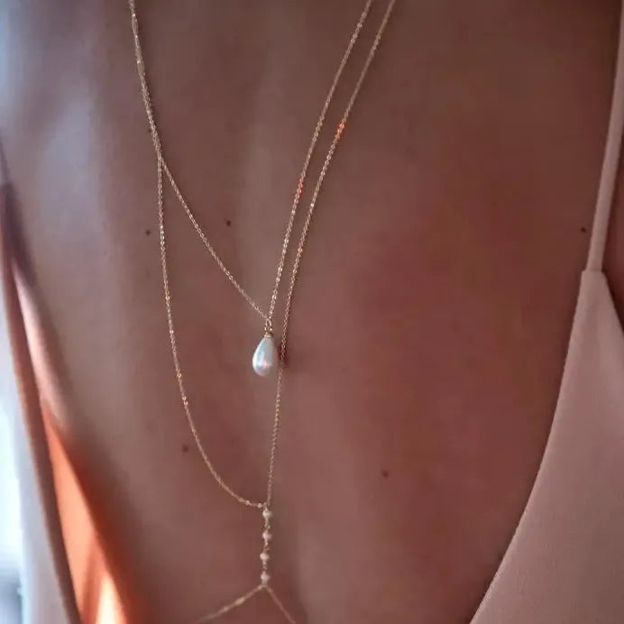 Boho Multi Layer Pearl Pendant Back Chains Beach Body Jewelry for Women