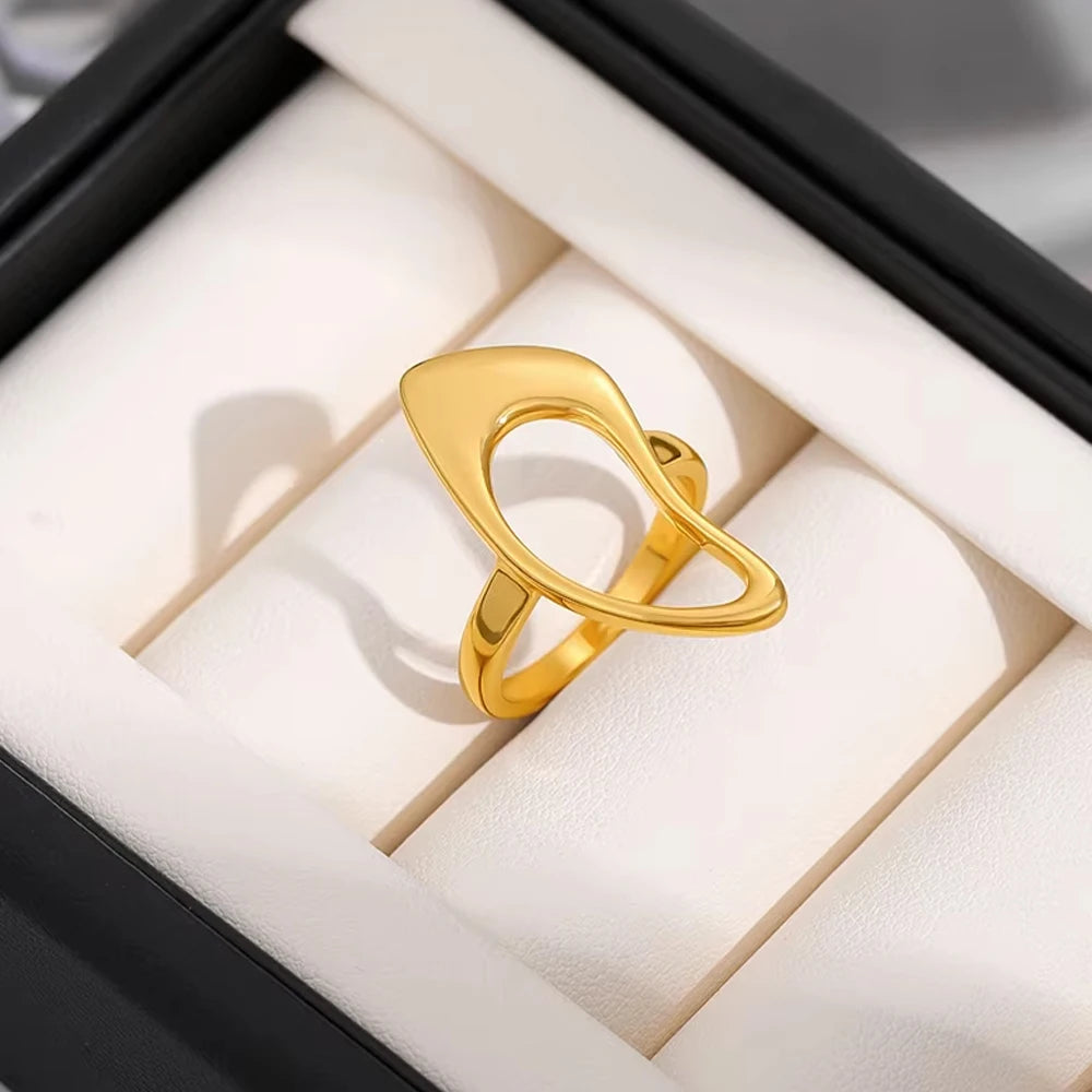 18k Gold Plated Stainless Steel Hollow Geometric Irregular Statement Ring for Women