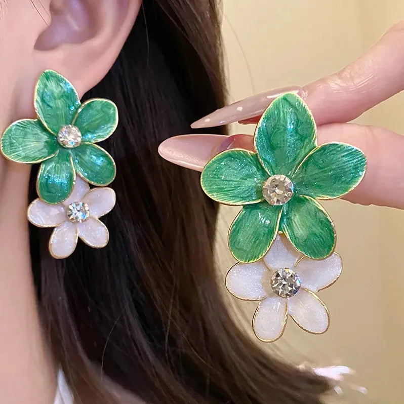 Vintage Double Layer Dripping Oil Flower Drop Earrings for Women Girls Stylish