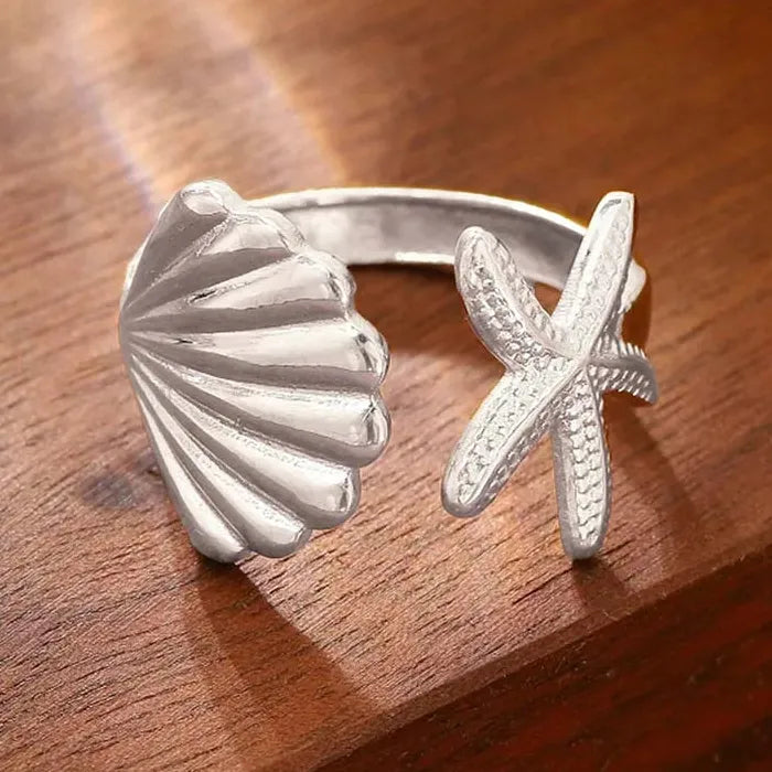 Vintage Stainless Steel Ocean Starfish Scallop Open Ring for Women Men Jewelry