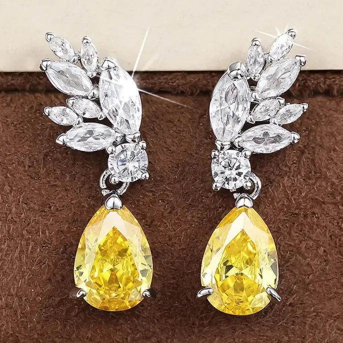 Fancy Yellow Pear Cubic Zirconia Drop Earrings for Women Wedding Party Jewelry Gift