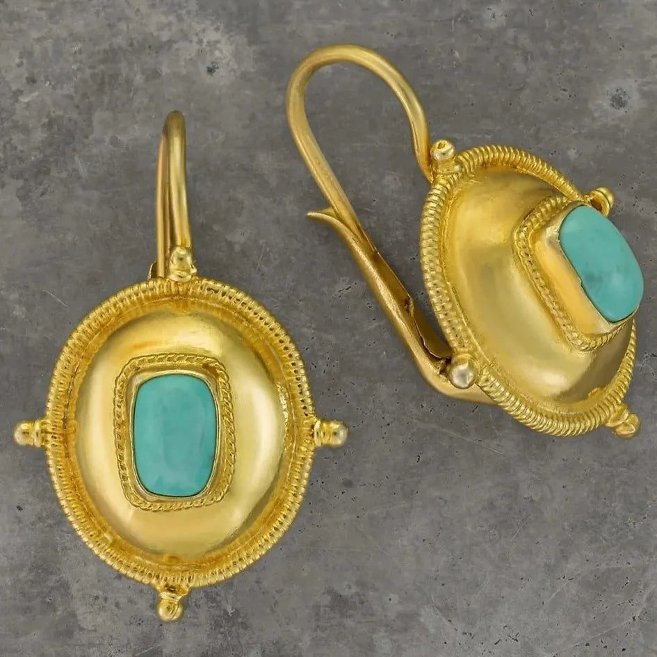 Vintage Gold Color Ornate Zinc Alloy Drop Earrings Women Ethnic Turquoise