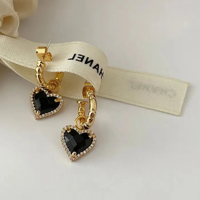 Love Heart Zircon Drop Earrings for Women Black Zinc Alloy Jewelry
