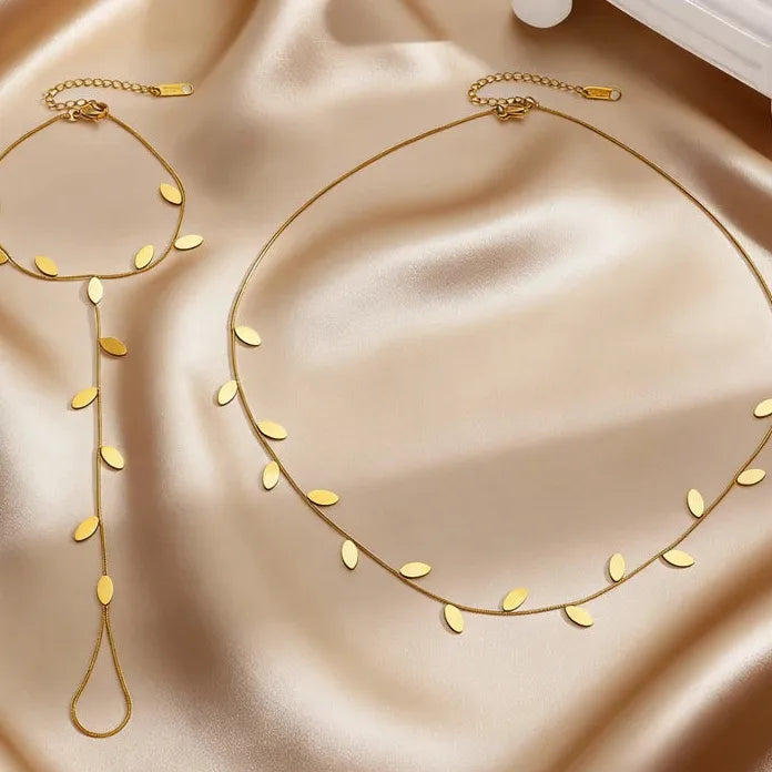Stainless Steel Leaf & Geometric Bracelet Necklace Set for Women Gift