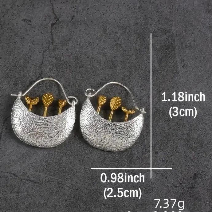 Vintage Silvery Zinc Alloy Flower Pot & Butterfly Drop Hoop Earrings Women