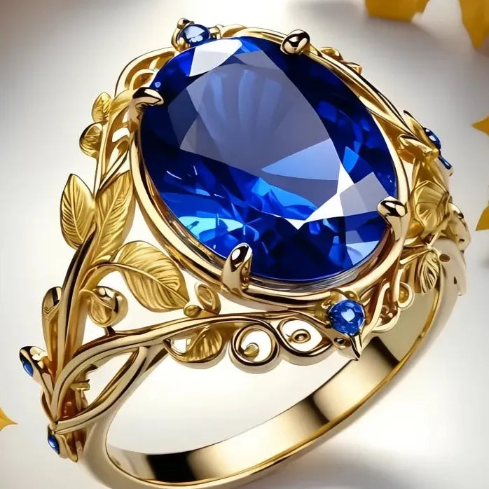Elegant Women's Brass Ring with Blue Cubic Zirconia Leaf Design Wedding Jewelry