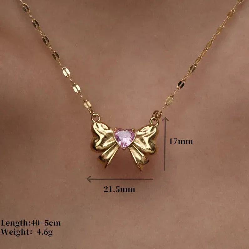 18K Gold Plated Stainless Steel Bow Necklace Women Multicolor Heart Zircon Gift Jewelry