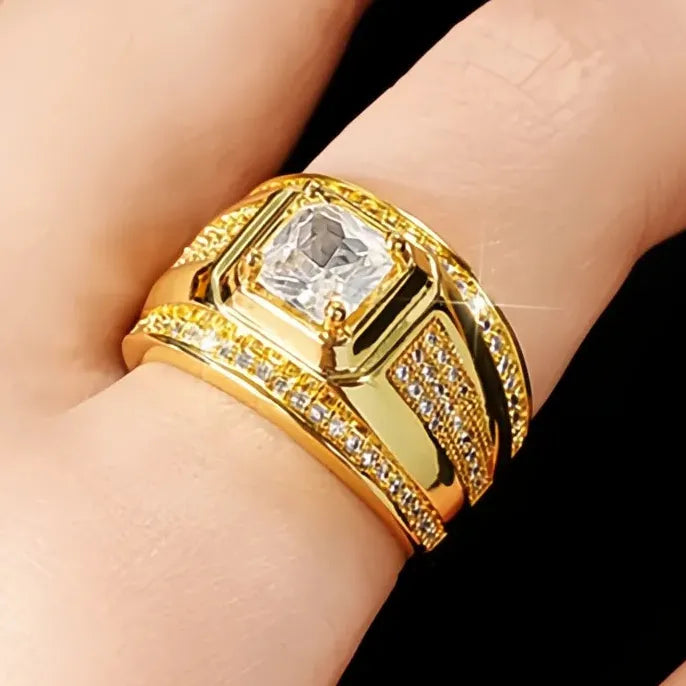 Men’s Gold Brass Geometric Wedding Band with Cubic Zirconia Engagement Ring