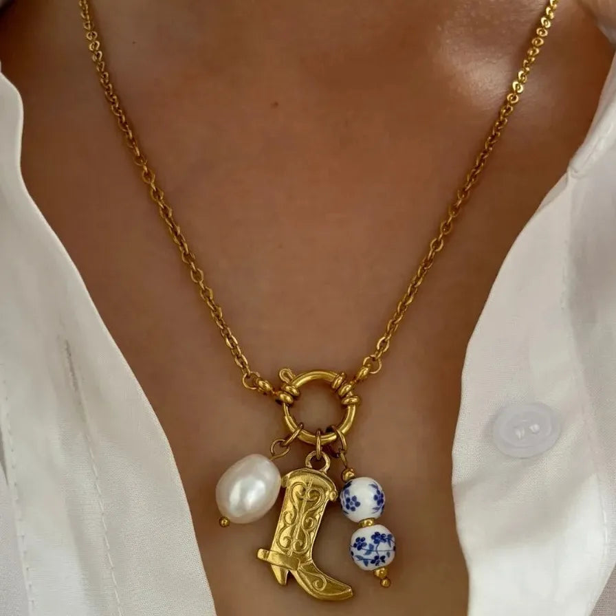 18k Gold Stainless Steel Cowboy Boot Pendant Necklace Pearl Choker Blue White Porcelain
