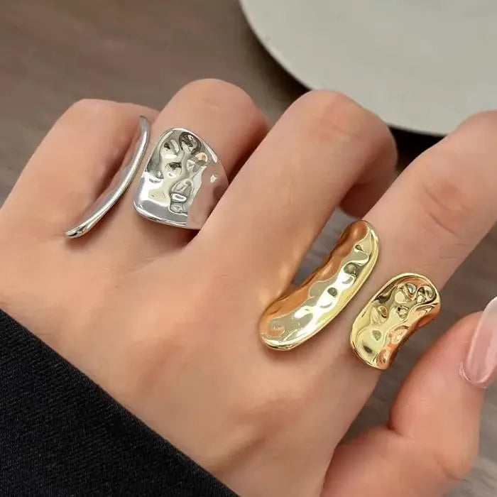 Wide Geometric Irregular Gold Silver Fashion Ring for Women Men
