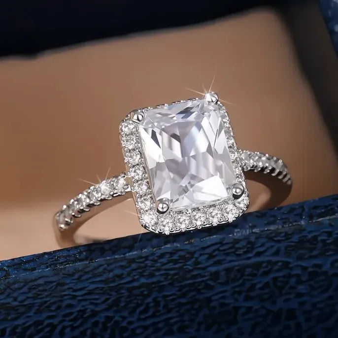 Geometric Cubic Zirconia Brass Silver Wedding Engagement Ring for Women
