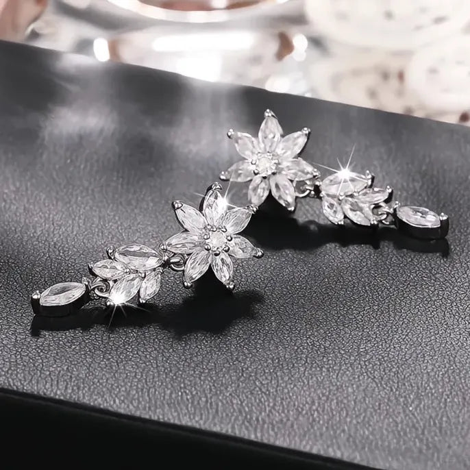 Copper Geometric Flower Drop Earrings with Cubic Zirconia for Wedding Jewelry