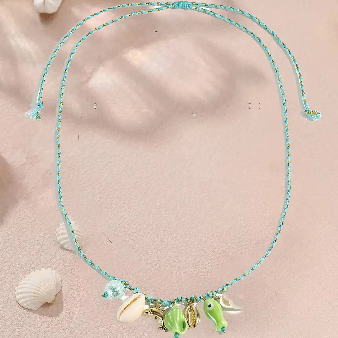 Handmade Rope Ceramic Fish Conch Pendant Necklace Women Starfish Shell Choker Jewelry