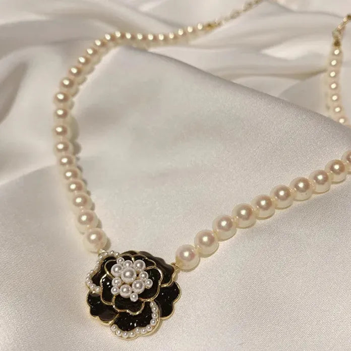 Vintage Camellia Pearl Pendant Necklace for Women Wedding Jewelry Gift