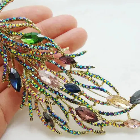 Retro Long Feather Brooch Pin Multi-Color Rhinestone Crystal Jewelry Gift