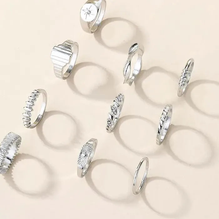 10Pcs Adjustable Gold Star Rings Set for Women Fashion Jewelry Crystal Inlay