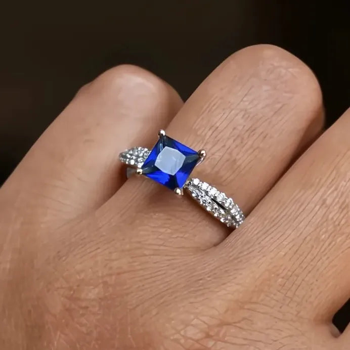 Princess Blue Cubic Zirconia Brass Wedding Band Ring for Women Elegant Jewelry