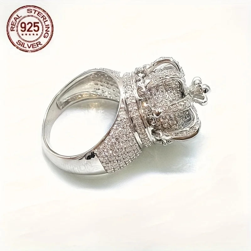 2025 Luxury 925 Sterling Silver Iced Out Hollow Crown Men’s Pinky Hip Hop Ring