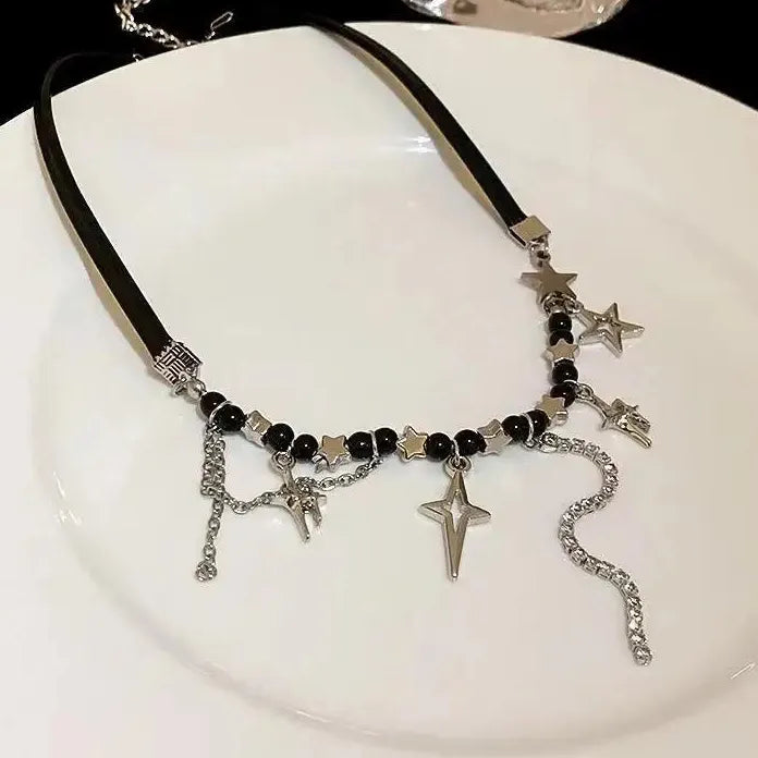 2026 Star Rhinestone Tassel Leather Choker Necklace Black Beads Y2K