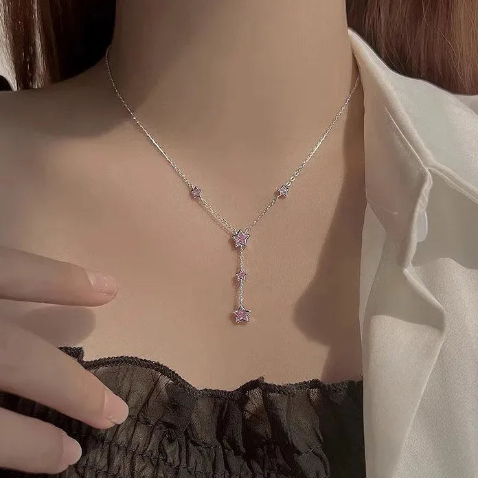 Luxury Stainless Steel Pink Zircon Star Pendant Necklace for Women Y2K