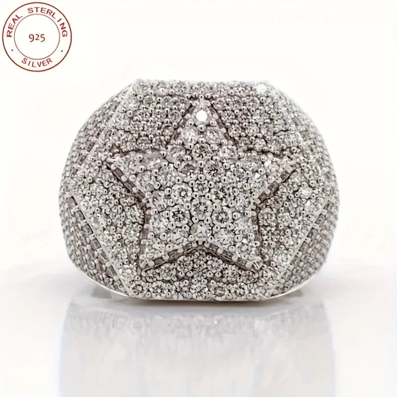 2025 Luxury 925 Sterling Silver Five Star Hip Hop Ring for Men – White Gold Plated Zircon