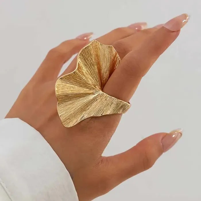 Gold Irregular Fold Leaf Texture Fashion Rings for Women Stylish Jewelry
