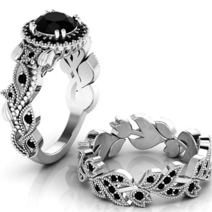 2 Pieces Rose Gold Black Zircon Flower Vine Wedding Ring Set with Champagne Stones