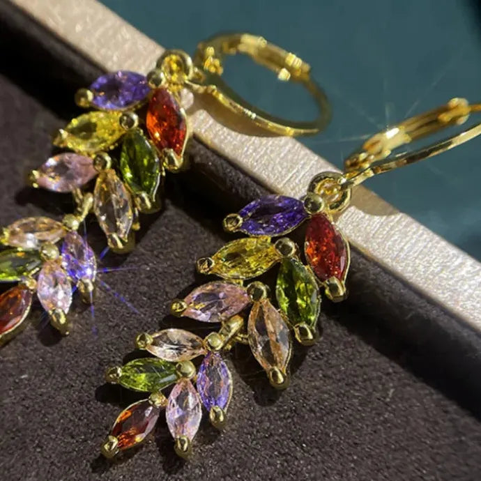 Leaf Flower Design Long Drop Earrings for Women Cubic Zirconia Wedding Jewelry