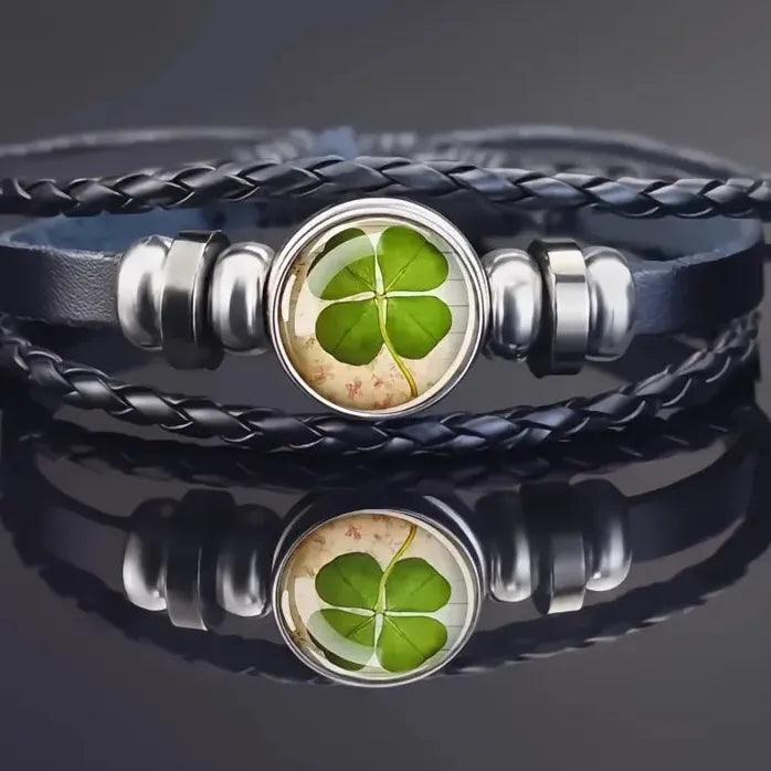 Adjustable Leather Bracelet with Lucky Clover Glass Snap Button Charm Unisex