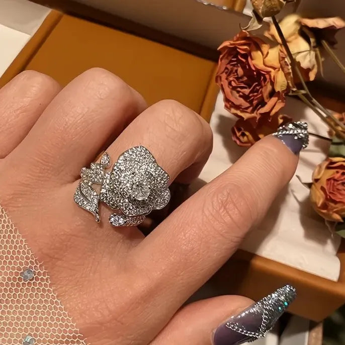 Adjustable Flower Cubic Zirconia Brass Ring for Women Wedding Party Jewelry