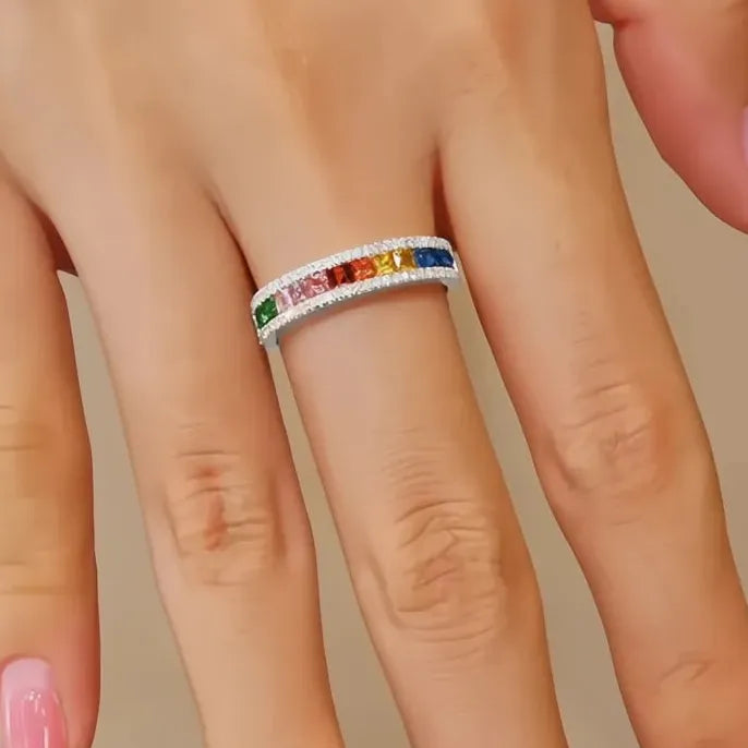 Women's Multi-Colored Square Cubic Zirconia Engagement Ring in Brass