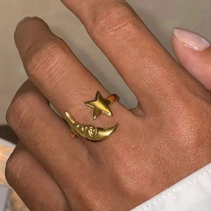 Minimalist Asymmetric Moon Star Open Ring for Women Gold Stainless Steel Jewelry