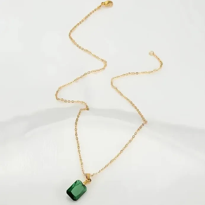 Gold Green Square Cubic Zirconia Pendant Necklace for Women Bridal Jewelry