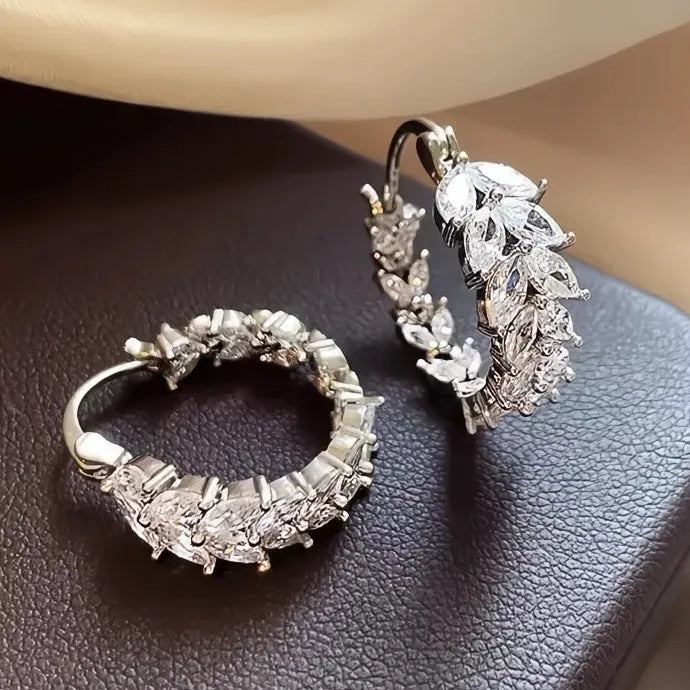 Geometric Hoop Earrings with Leaf Cubic Zirconia Copper Alloy for Women