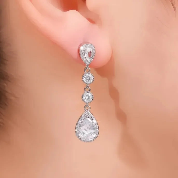 Silver Color Dangle Earrings for Women with Cubic Zirconia Crystal Drop Fashion Jewelry