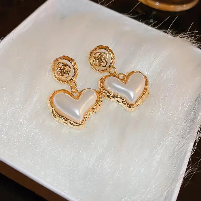 Geometric Heart Shaped Imitation Pearl Drop Earrings Vintage Boho Jewelry