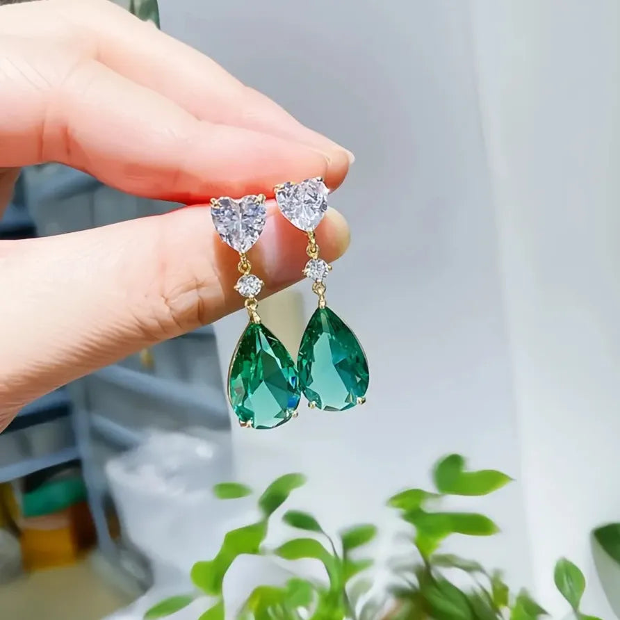 Elegant Blue Green Geometric Drop Earrings with Pear Cubic Zirconia