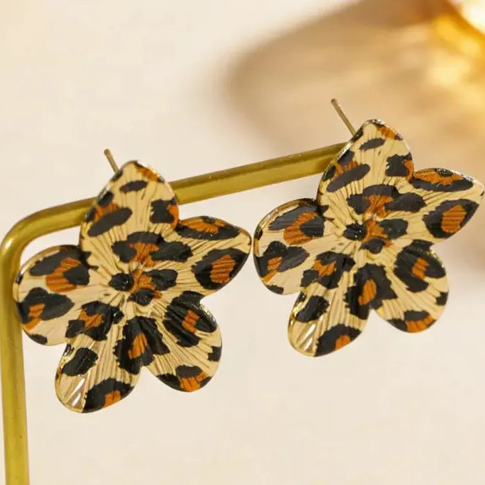 Vintage Leopard Print Geometric Flower Petal Drop Earrings for Women Jewelry