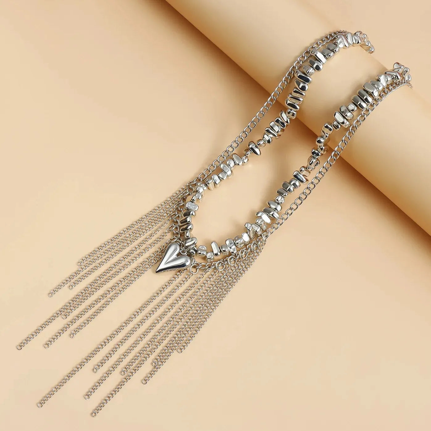 Y2K Zinc Alloy Heart Tassel Crystal Pendant Choker Necklace for Women